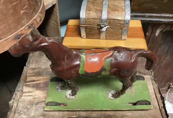 Circa 1890's Toy Tin Horse On Rolling Platform