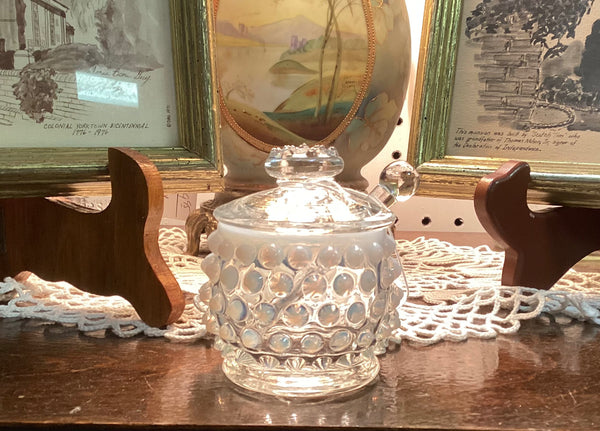 Fenton French White Opalescent Hobnail Mustard Jar w/ Spoon