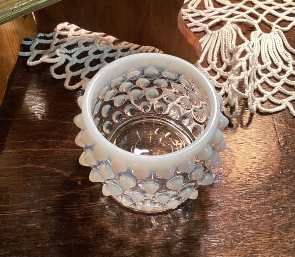 Fenton French White Opalescent Hobnail Mustard Jar w/ Spoon