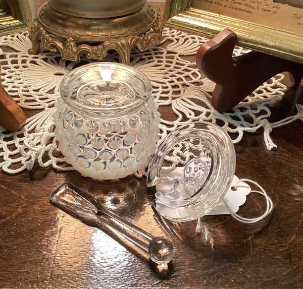 Fenton French White Opalescent Hobnail Mustard Jar w/ Spoon