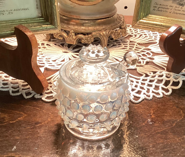 Fenton French White Opalescent Hobnail Mustard Jar w/ Spoon
