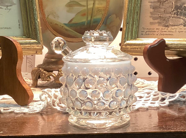 Fenton French White Opalescent Hobnail Mustard Jar w/ Spoon