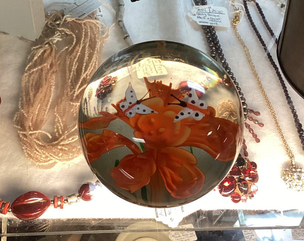 Art Glass Butterfly & Flower Paperweight