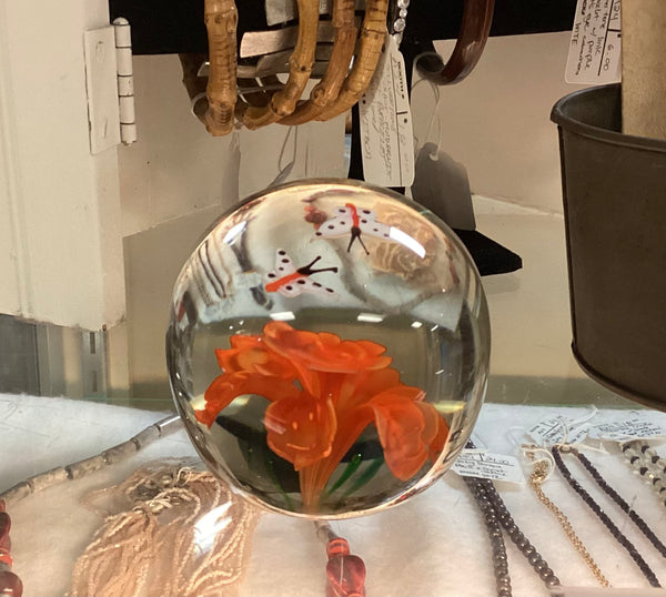 Art Glass Butterfly & Flower Paperweight