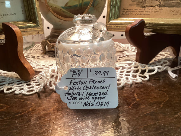 Fenton French White Opalescent Hobnail Mustard Jar w/ Spoon