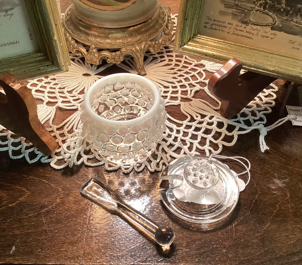 Fenton French White Opalescent Hobnail Mustard Jar w/ Spoon