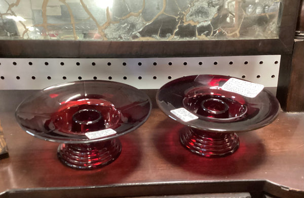 Pair New Martinsville Glass Co. Ruby Moondrops Single Light Candle Holders