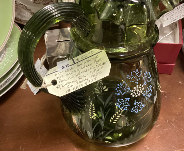 Hand Painted Enameled Blown Glass Pitcher