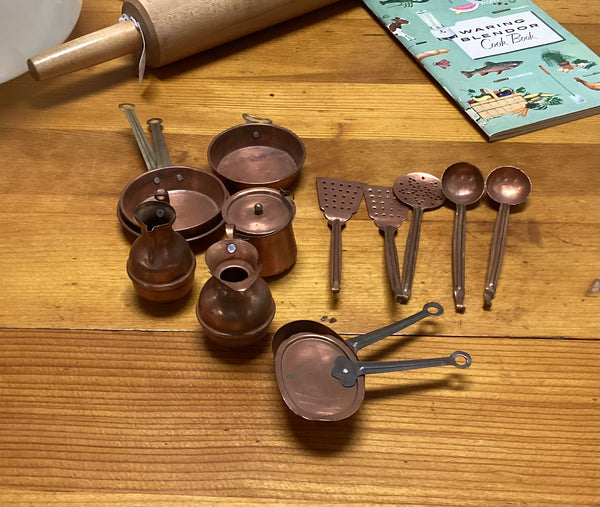 Vintage Child's Miniature Toy Copper 14-pc  Pots and Pans Set