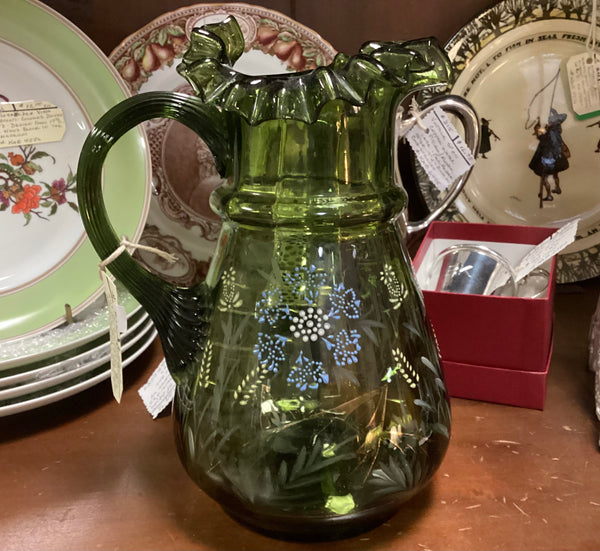 Hand Painted Enameled Blown Glass Pitcher