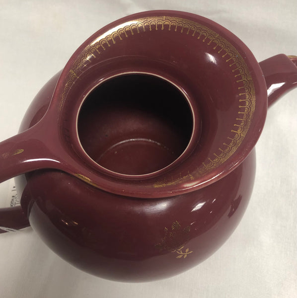 Vintage Hall China Co. Burgundy Windshield Teapot w/ Gold Roses