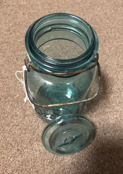 Safe Seal Blue Glass Canning Jar w/ Wire Clamp & Glass Lid