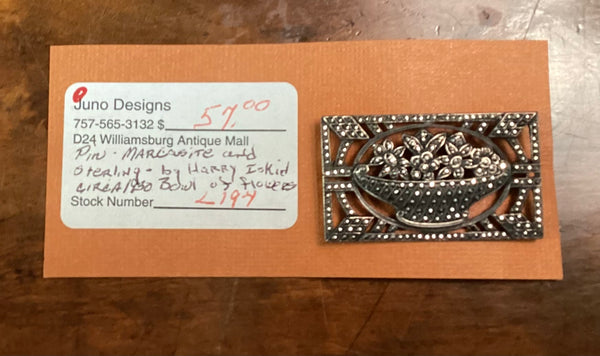 Vintage 1930 Marcasite & Sterling Silver Brooch by Harry Iskin