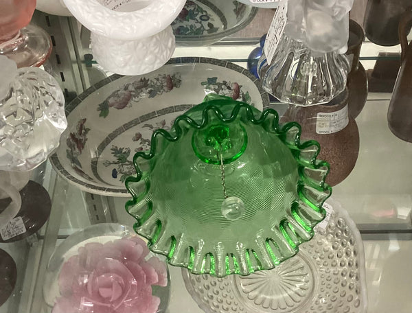 Fenton Green Threaded Diamond Optic Glass Bell w/ Crimped Edge