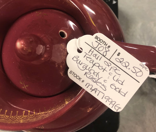 Vintage Hall China Co. Burgundy Windshield Teapot w/ Gold Roses