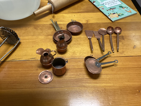 Vintage Child's Miniature Toy Copper 14-pc  Pots and Pans Set