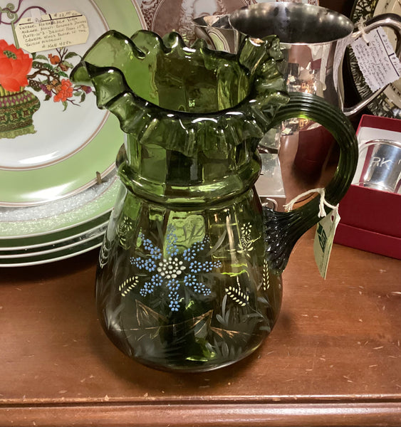 Hand Painted Enameled Blown Glass Pitcher