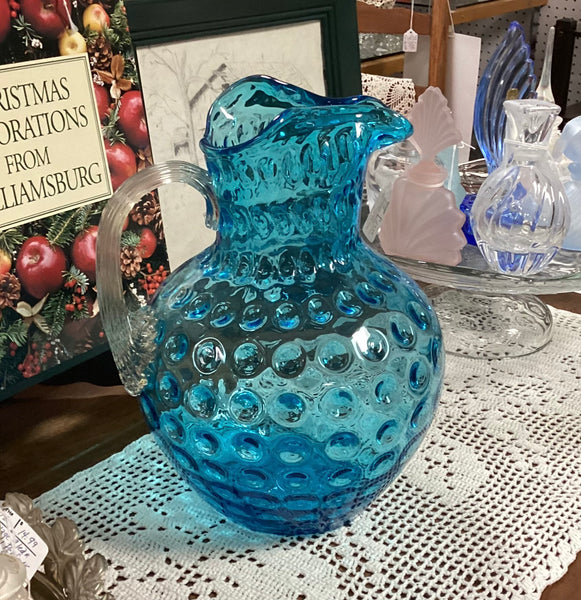 Fenton Vintage Blown Glass Blue Coin Dot Pitcher