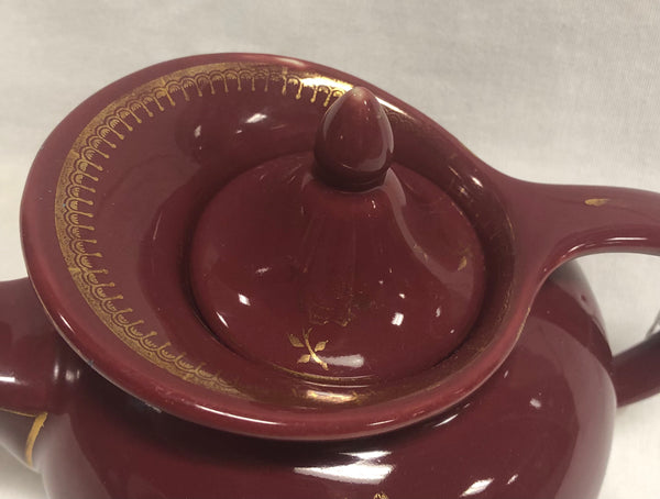Vintage Hall China Co. Burgundy Windshield Teapot w/ Gold Roses