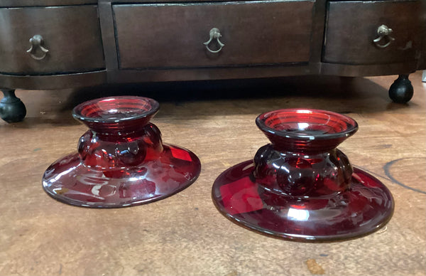 Pair New Martinsville Glass Co. Ruby Moondrops Single Light Candle Holders