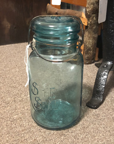 Safe Seal Blue Glass Canning Jar w/ Wire Clamp & Glass Lid