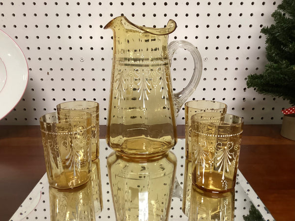 Five Piece Victorian Hand Painted Enamel Lemonade Set