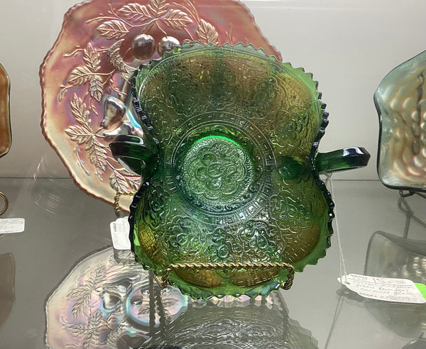 Green Carnival Glass Persian Medallion Double Handled BonBon Dish