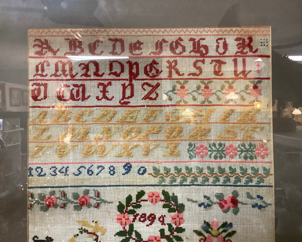 Framed 1894 Needlework Sampler Wool on Gauze