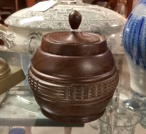 Carved and Turned Antique Wooden Sugar Bowl w/ Lid