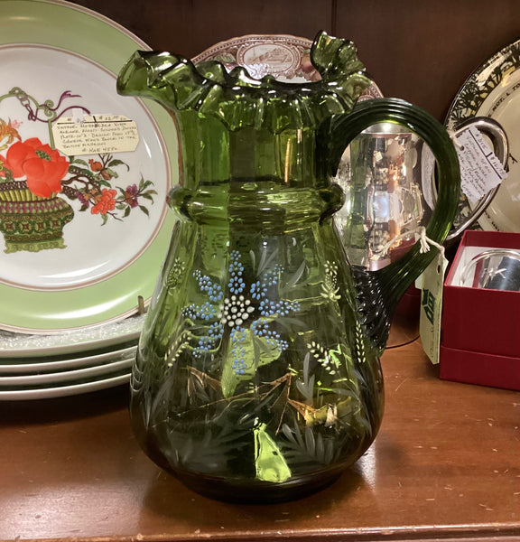 Hand Painted Enameled Blown Glass Pitcher