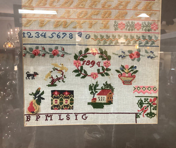 Framed 1894 Needlework Sampler Wool on Gauze