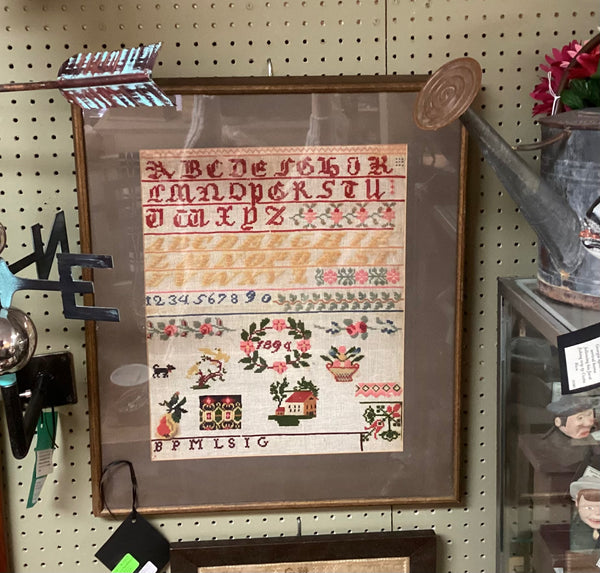 Framed 1894 Needlework Sampler Wool on Gauze