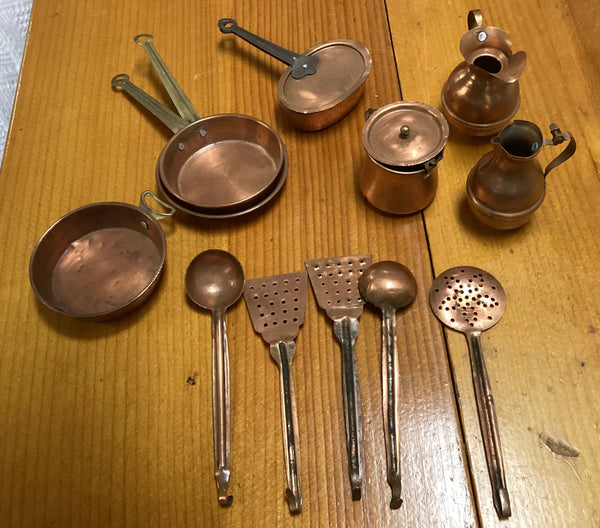 Vintage Child's Miniature Toy Copper 14-pc  Pots and Pans Set
