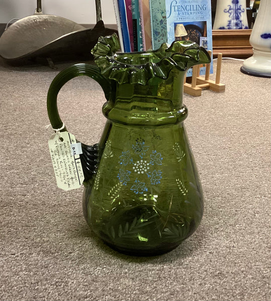 Hand Painted Enameled Blown Glass Pitcher