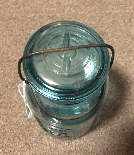 Safe Seal Blue Glass Canning Jar w/ Wire Clamp & Glass Lid