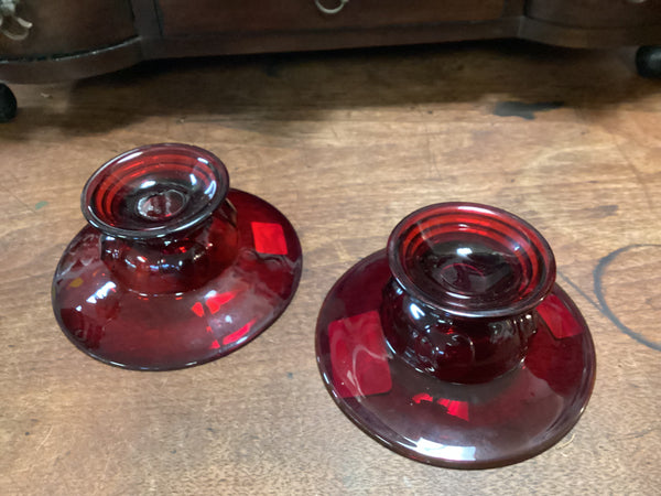 Pair New Martinsville Glass Co. Ruby Moondrops Single Light Candle Holders