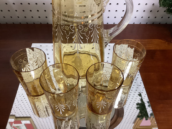 Five Piece Victorian Hand Painted Enamel Lemonade Set