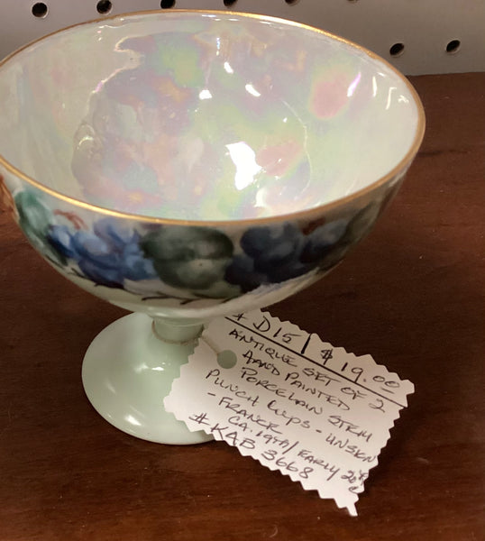 Pair Antique Hand Painted Porcelain Stemmed Punch Cups