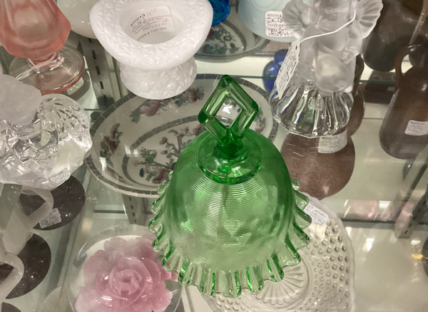 Fenton Green Threaded Diamond Optic Glass Bell w/ Crimped Edge