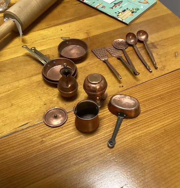 Vintage Child's Miniature Toy Copper 14-pc  Pots and Pans Set