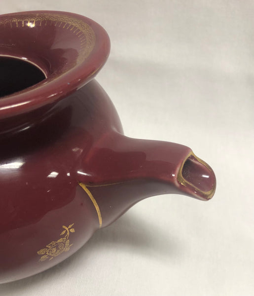 Vintage Hall China Co. Burgundy Windshield Teapot w/ Gold Roses