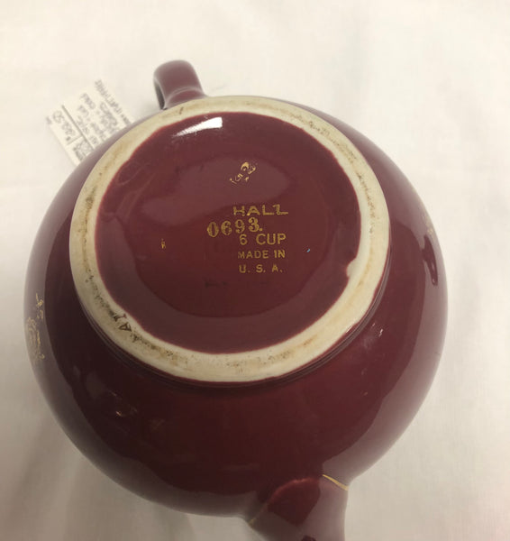 Vintage Hall China Co. Burgundy Windshield Teapot w/ Gold Roses