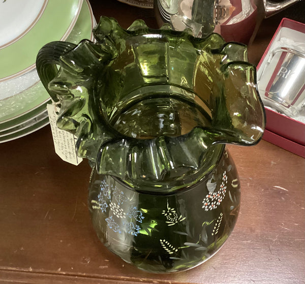Hand Painted Enameled Blown Glass Pitcher