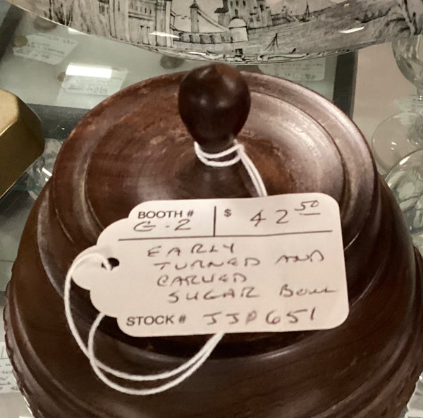 Carved and Turned Antique Wooden Sugar Bowl w/ Lid