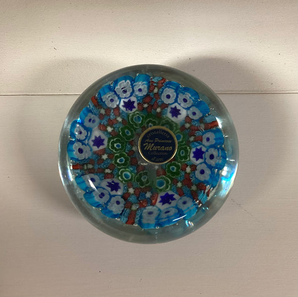 Murano Millefiori Art Glass Paperweight in Original Box