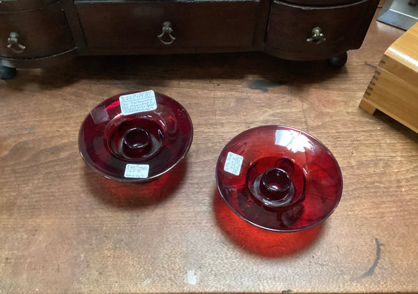 Pair New Martinsville Glass Co. Ruby Moondrops Single Light Candle Holders