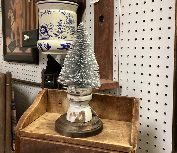 Silver Bottle Brush Tree on Wooden Pedestal