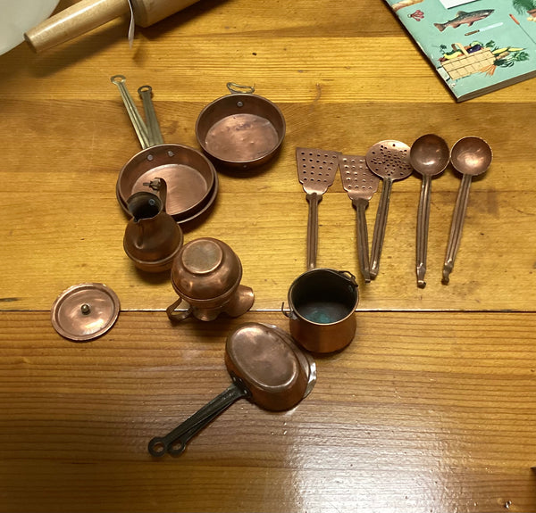Vintage Child's Miniature Toy Copper 14-pc  Pots and Pans Set