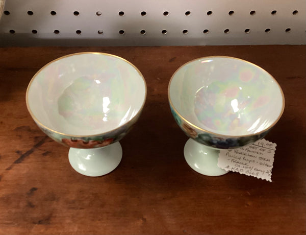 Pair Antique Hand Painted Porcelain Stemmed Punch Cups