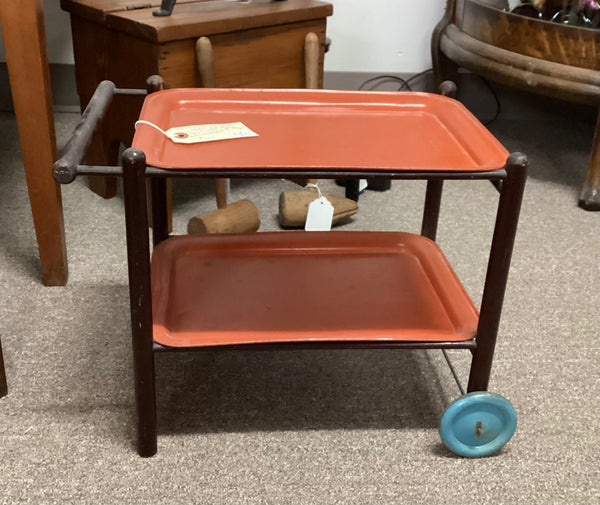 Vintage Wooden Dolly Cart w/ 2 Metal Trays